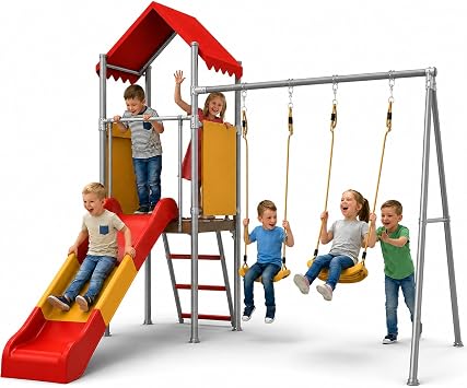 Playground Sets for Backyards, 440lbs Metal Heavy Duty Sturdy Swing Set with Slide & 2 Swing Seats, Upper Deck with Canopy, Outdoor Swing Sets for Backyard, for Kids - Flat-Step Ladder