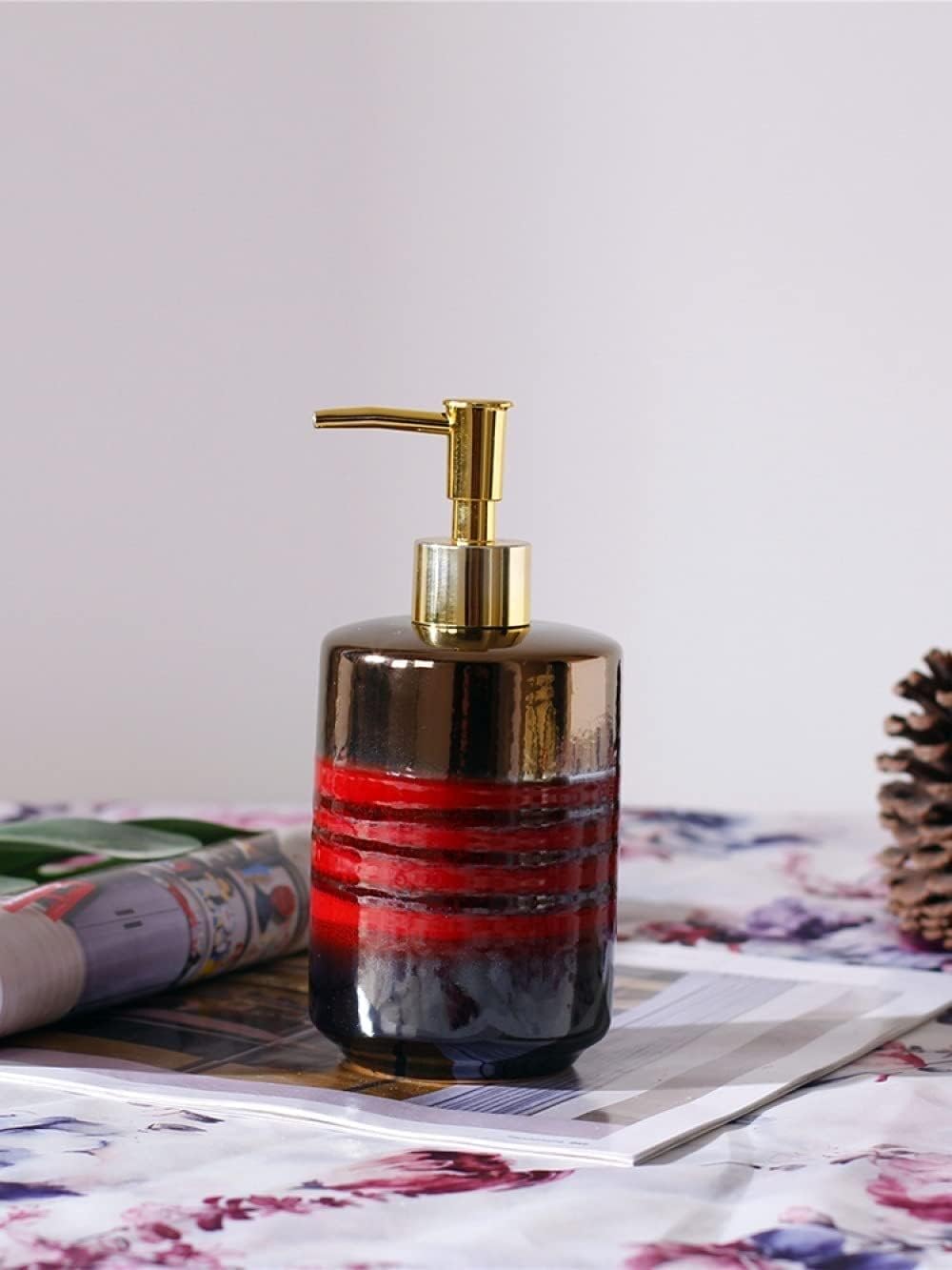 Hand Soap Dispenser Refillable for Hotel Bathroom Liquid Soap Dispenser, Nordic Retro Red Stripes Ceramic Lotion Bottle Bathroom Refillable Hand Soap Dispenser with Gold,