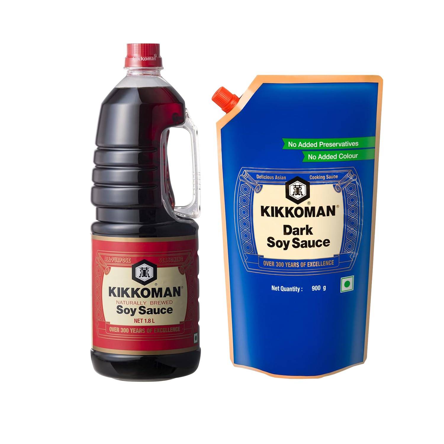 Kikkoman Naturally Brewed Soy Sauce + Dark Soy Sauce Combo - Pack of 2 (1.8 Liter + 900 gram) | Vegetarian - No Added Colour or Preservatives - Essential Home Ingredient