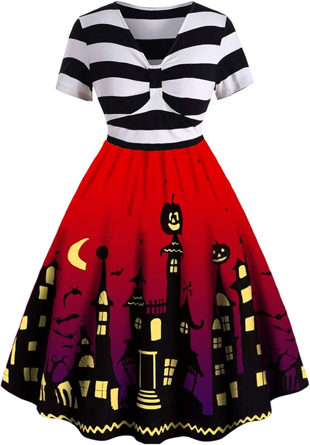 Women's Plus Size Halloween Dress Pumpkin Costume Flared Dresses Vintage Bat Print Dress A Line Dress