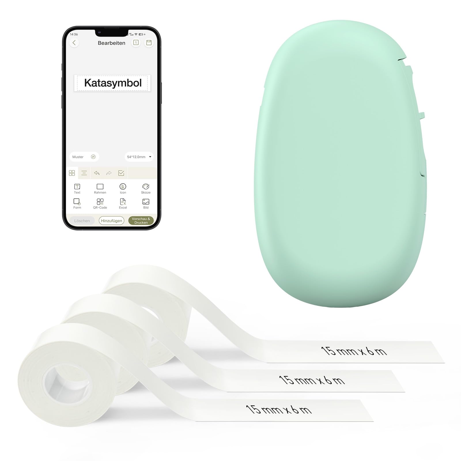 SUPVAN E10 Etikettendrucker Value Pack inkl. 3 Rollen wasserfeste Endlos-Etiketten (15 mm × 6 m/Rolle), grün