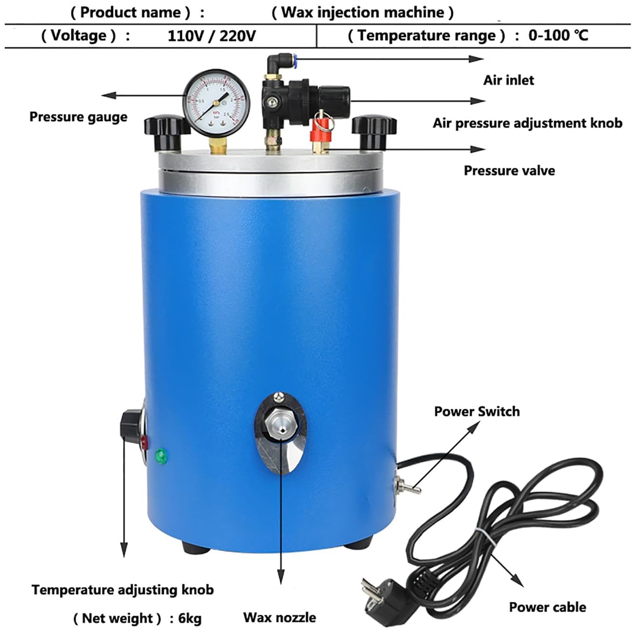 Wachsinjektor, 2,5 l, Wachsinjektionsmaschine, 350 W, Wachsgießmaschine mit Doppeldüse, Vakuum-Wachsinjektionsmaschine für die Schmuckwachsinjektion, 30–110 ℃