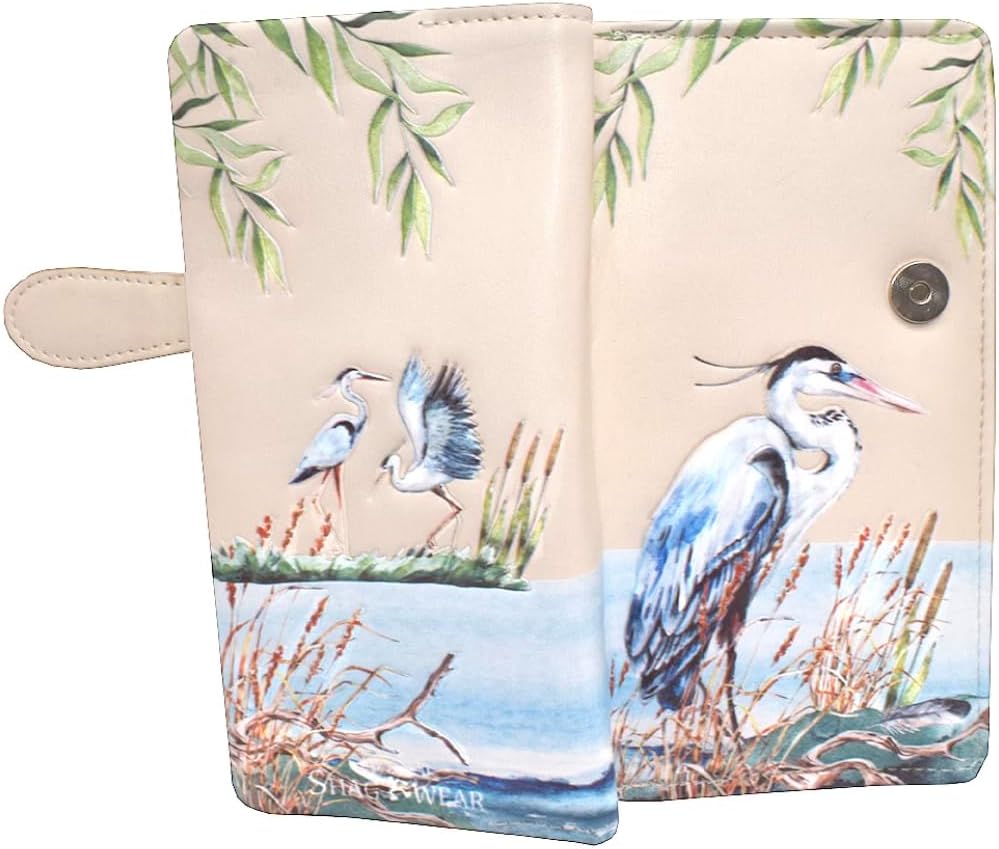 Shag Wear Blue Heron Large Nature Wallet for Women and Teen Girls Vegan Faux Leather Beige 7"