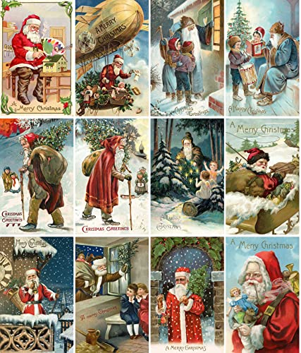 Image of PIXILUV WINTER CHRISTMAS (Pack of 12) Notecards Small Greeting Cards # Wintery Christmas Scenes and Santa Claus ~ Vintage Christmas Postcards Reprint