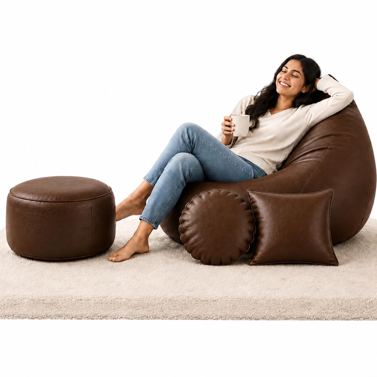 2XL Teardrop Bean Bag Chair Set with Footrest, Faux Leather, Red, Indoor Gaming and Lounging, Adult Size, 106x87x65 cm, Includes Square Cushion (Brown, XXL, Solid)-image-7