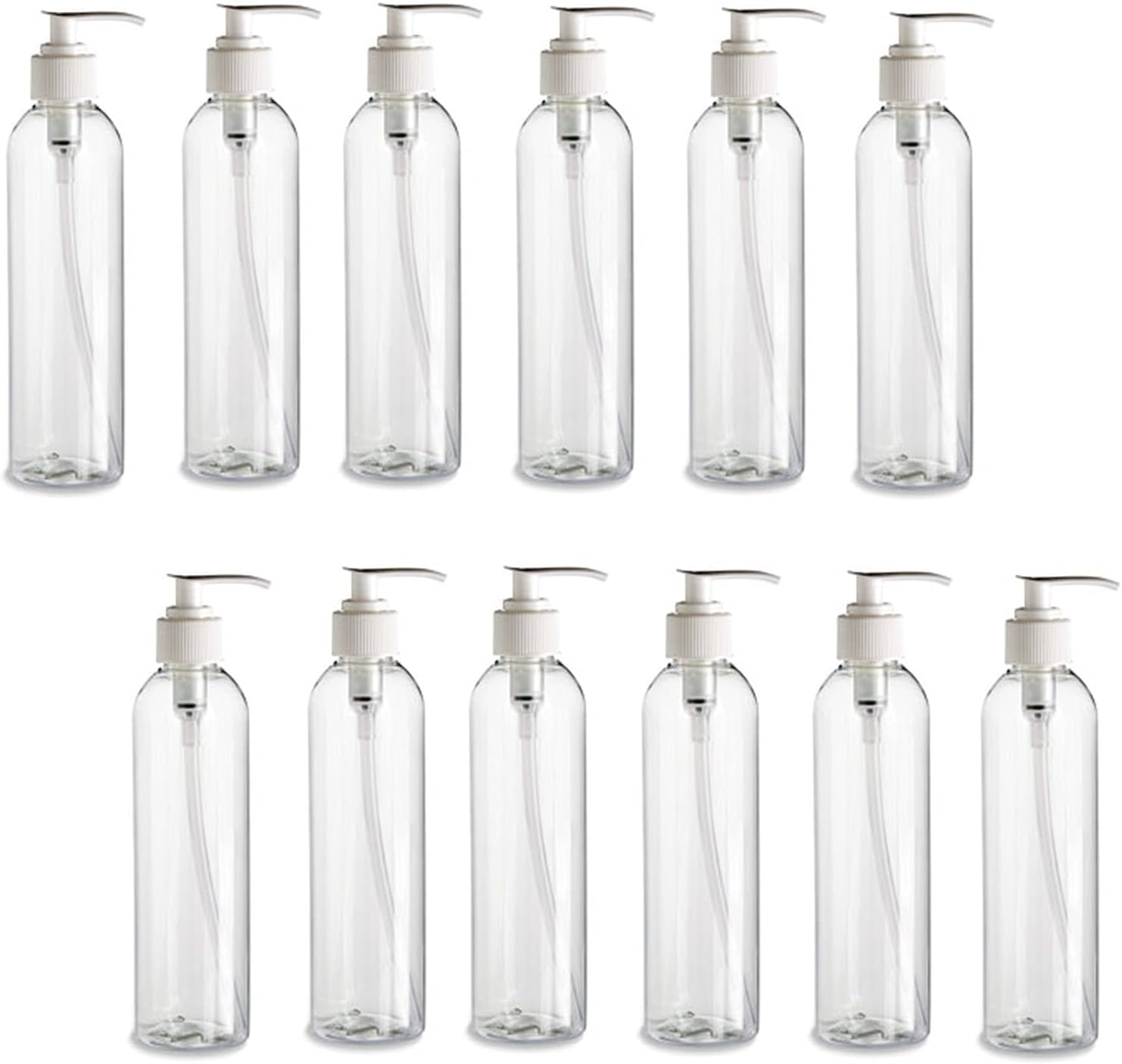Natural Farms 12 Pack – 8 oz -Clear Cosmo Plastic Bottles – White Pump - for Essential Oils, Perfumes, Cleaning Products