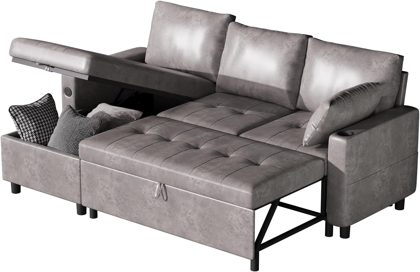 84″ Leather Sleeper Sofa Bed, L Shaped Sectal Convertible Pull