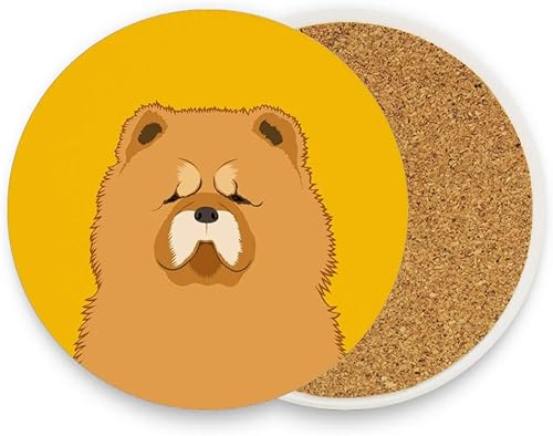 Miniatura 2 de Posavasos absorbentes para bebidas, juego de 4, Chow Chow Dog Round Ceramic Stone Coaster con base de corcho para mesa de madera, regalos únicos