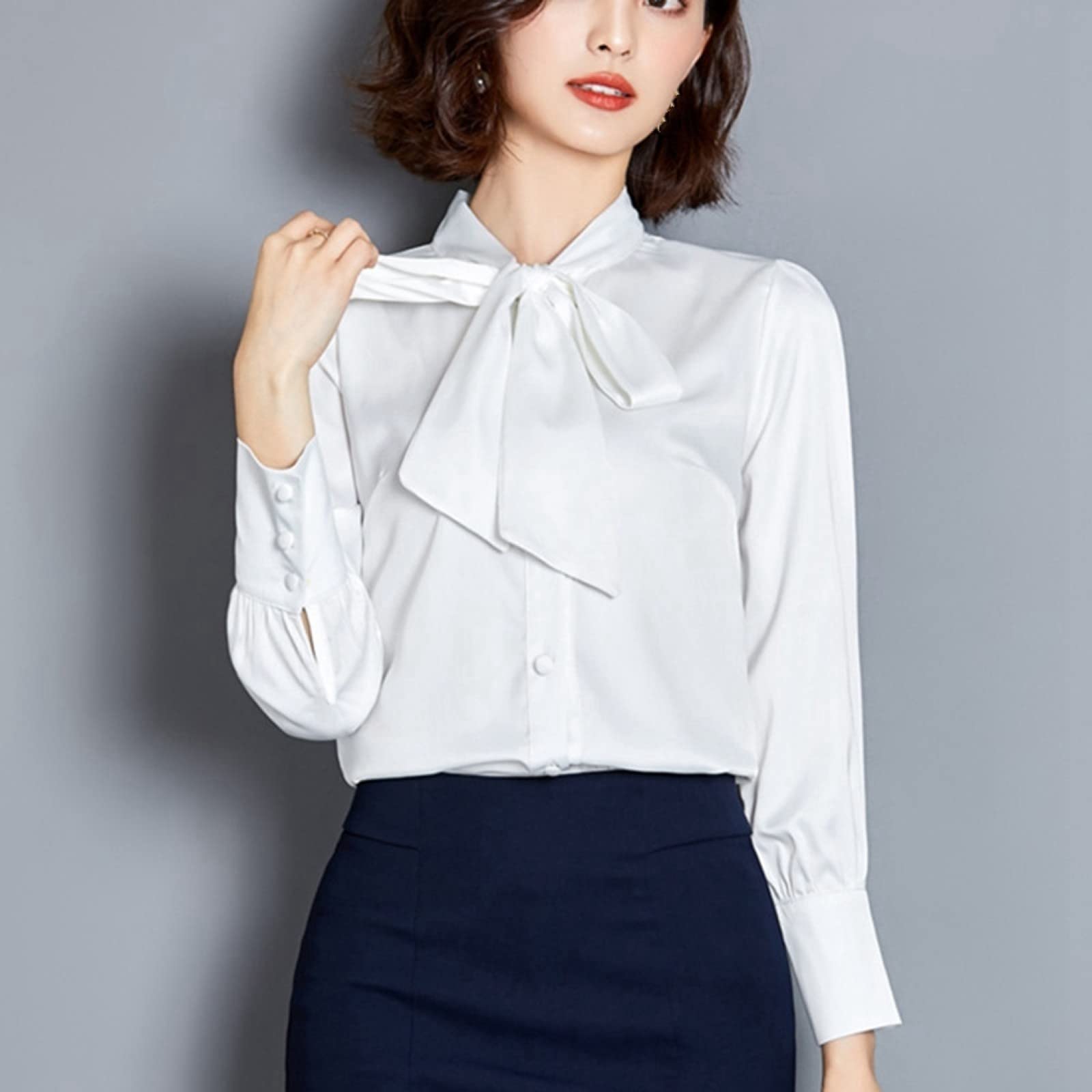 Damen Langarmhemd, Modisch Weiß Damas Satin Bürooberteile Frühling Und Herbst Schlank Einreiher Freizeit Street Elegant Business Party Hemd