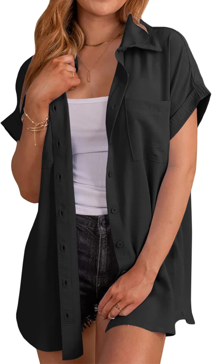 MaQiYa Womens Short Sleeve Button Down Shirts Casual Loose Fit Summer Shirt Blouses Tops with Pockets