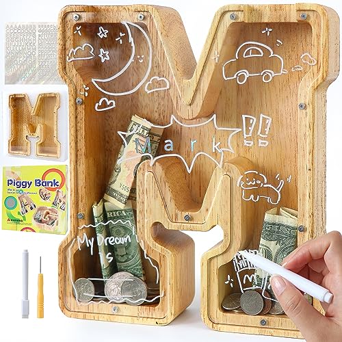 Mikytoper Hucha con letras para niños y adultos, de madera, personalizada, A-Z, con área objetivo, alfabeto transparente, alcancía de dinero para decoración de regalo, bautizo (M)