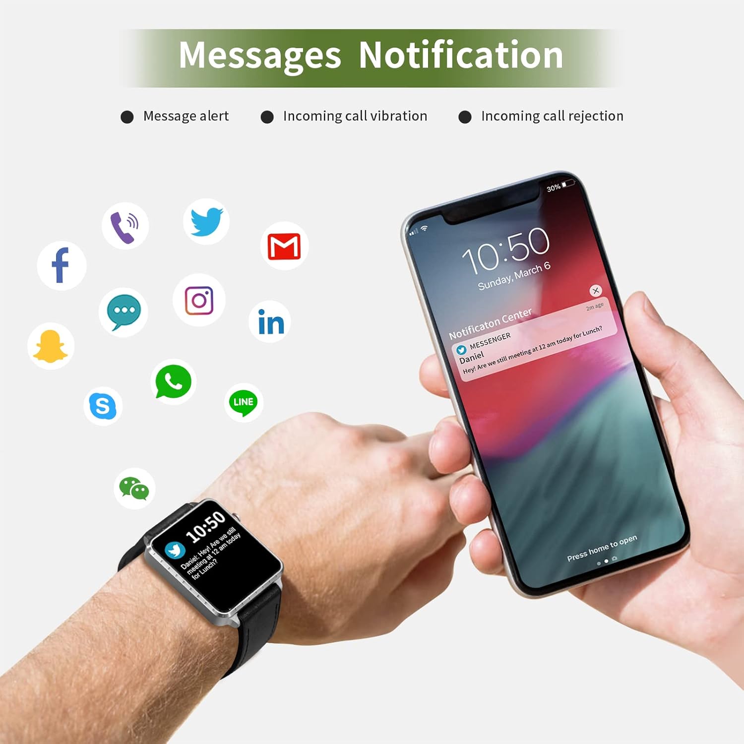 MAXTOP T5 Smartwatch displaying message notifications from various apps