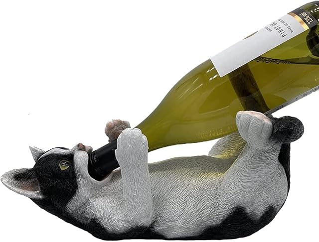 G&H Decor - Adorable 32cm Black and White Cat Wine Bottle Holder Figure - Home Decor Figurine with Amazing Detail - Kitchen Countertop or Tabletop Statue Ornament  Hand Painted Kitten Gift Decanter