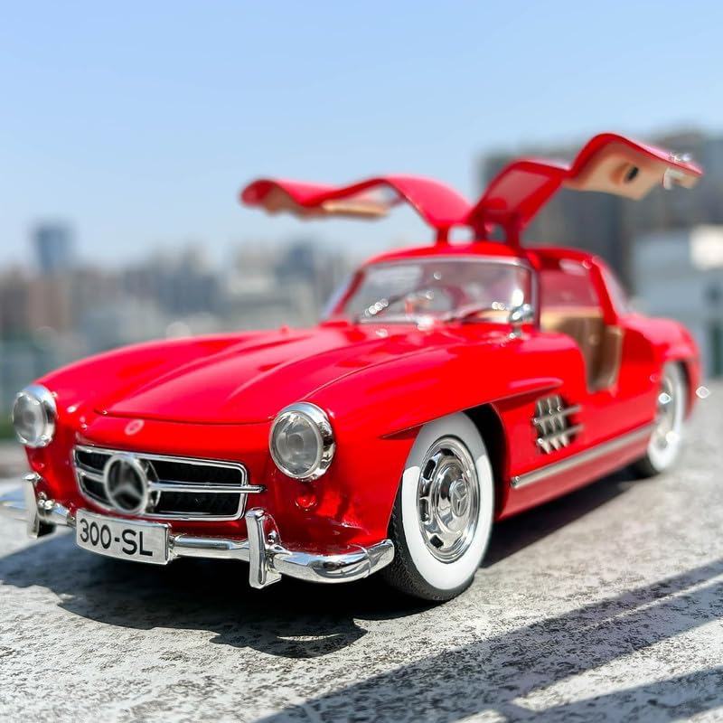 Image of Kids Model 1:24 Vintage 300 SL Classic Die Cast Metal Car Pull Back Action Opening Doors with Realistic Engine Sound Lights Toy Car Gift for Boys - Red