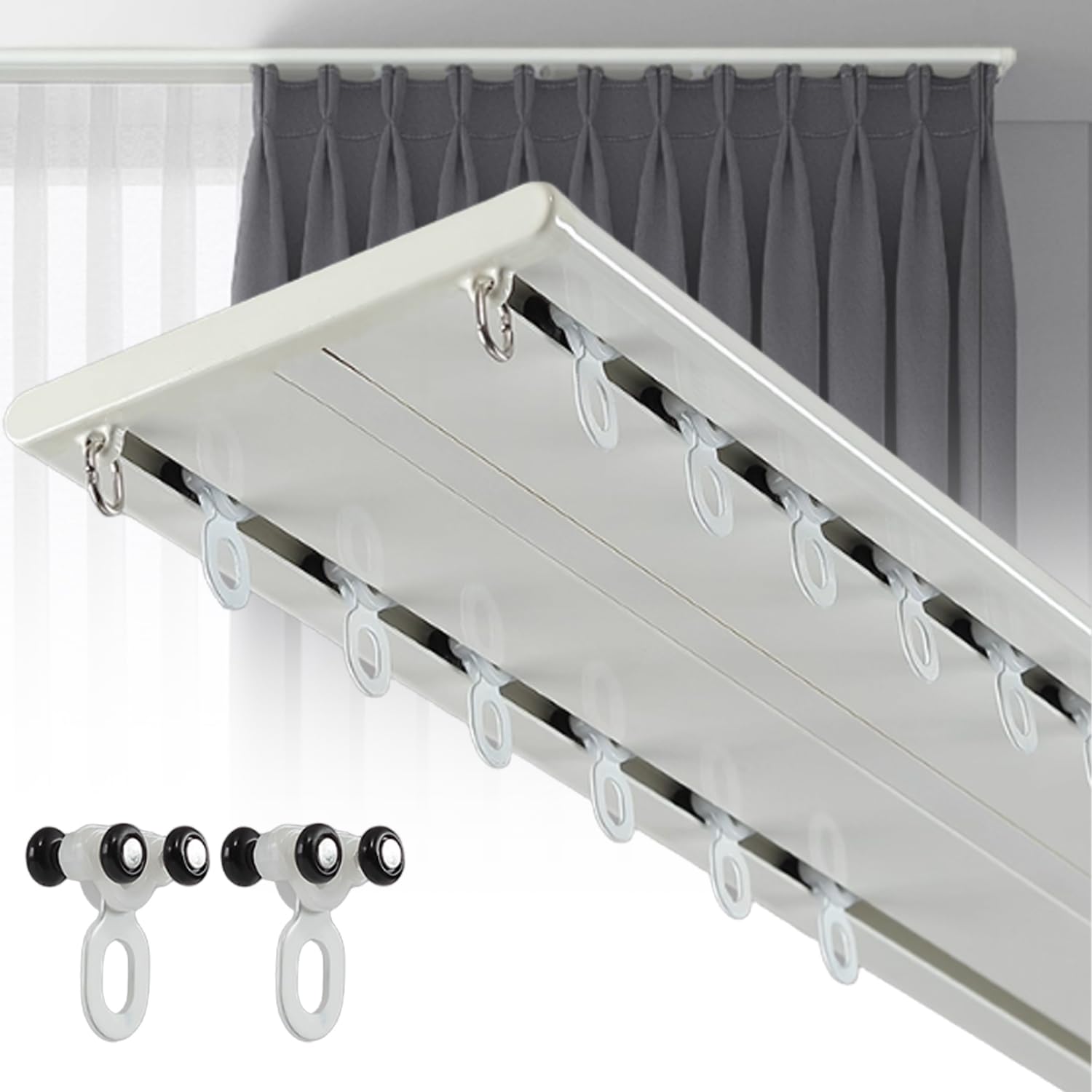 Photo 1 of Double Row Curtain Track, Silent Aluminum Alloy Ceiling Curtain Track System, Heavy Duty Sliding Rails for Curtains, Room Divider for Bedroom Living Room Hospital (White, 2.5m(8.2ft)