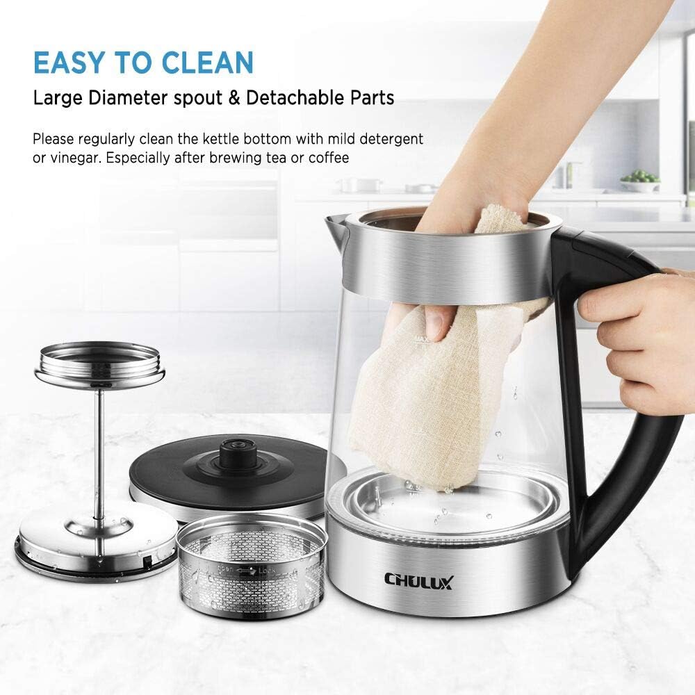 CHULUX Electric Glass Kettle,Variable Temperature Hot Water Boiler with Tea Filter,7 Colors LED Indicator Fast Heating Boiler for Tea, Coffee, Milk,Keep Warm & Auto Shut-Off, 1200W, 1.7L