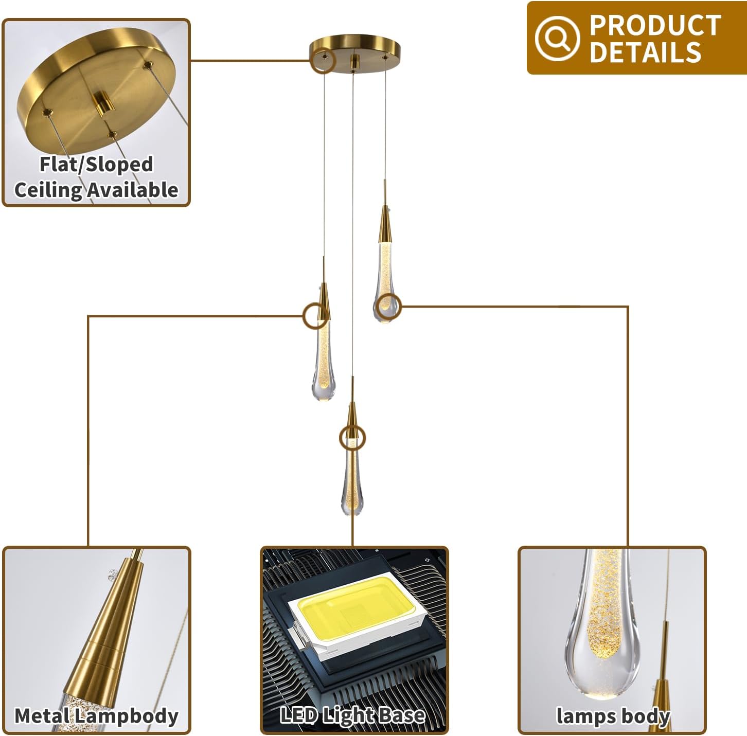 LED Chandelier Modern Pendant Light Fixture Crystal Chandeliers for High Ceiling 71" High Crystal for Foyer House Living Room Staircase Kitchen Decro Decoration Gold (Gold, 3-Light Chandelier)