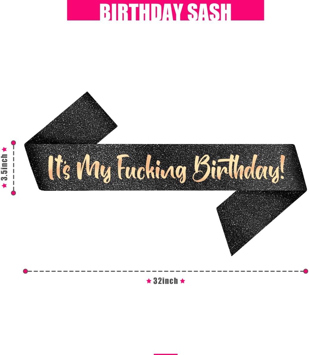 PartyForever Birthday Party Sash Decorations It's My Fucking Birthday Sash Made of Black Glitter Fabric with Gold Letters