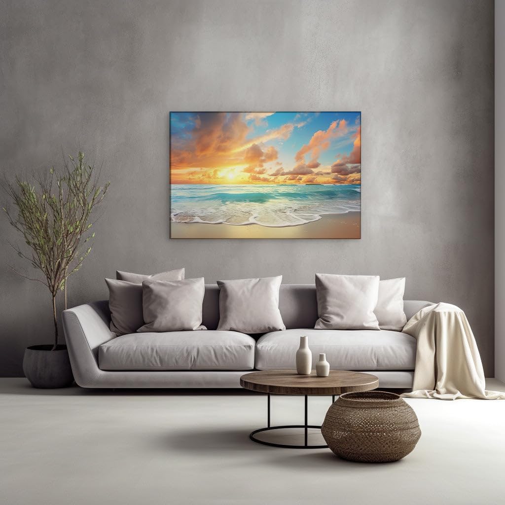 Canvas for Living room. Golden Sands and Painted Skies: Embracing the Serenity of Sunset Beach Tranquility, 27 x 18 inch Canvas Wall Art - Contemporary Masterpieces - Modern Home Decor