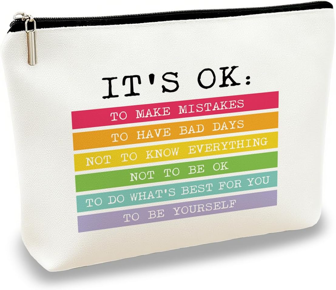 Motivational Makeup Bag, Mom Inspirational Cosmetic Bag Gift, It's OK Print, Small Durable Zipper Cosmetic Pouch for Travel Work Daily Comfort 10x7 Inch