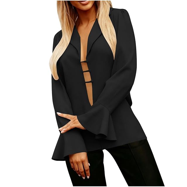 Womens Elegant Blazers Lapel Neck Ruffle Long Sleeve Business Blouse Deep V Neck Bell Sleeve Office Suit Jackets