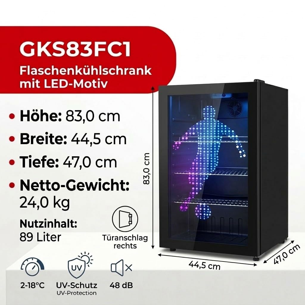 PKM GKS83FC1 Flaschenkühlschrank 89 Liter Display Touch Control Umluft-Kühlung blaue LED-Beleuchtung Schwarz