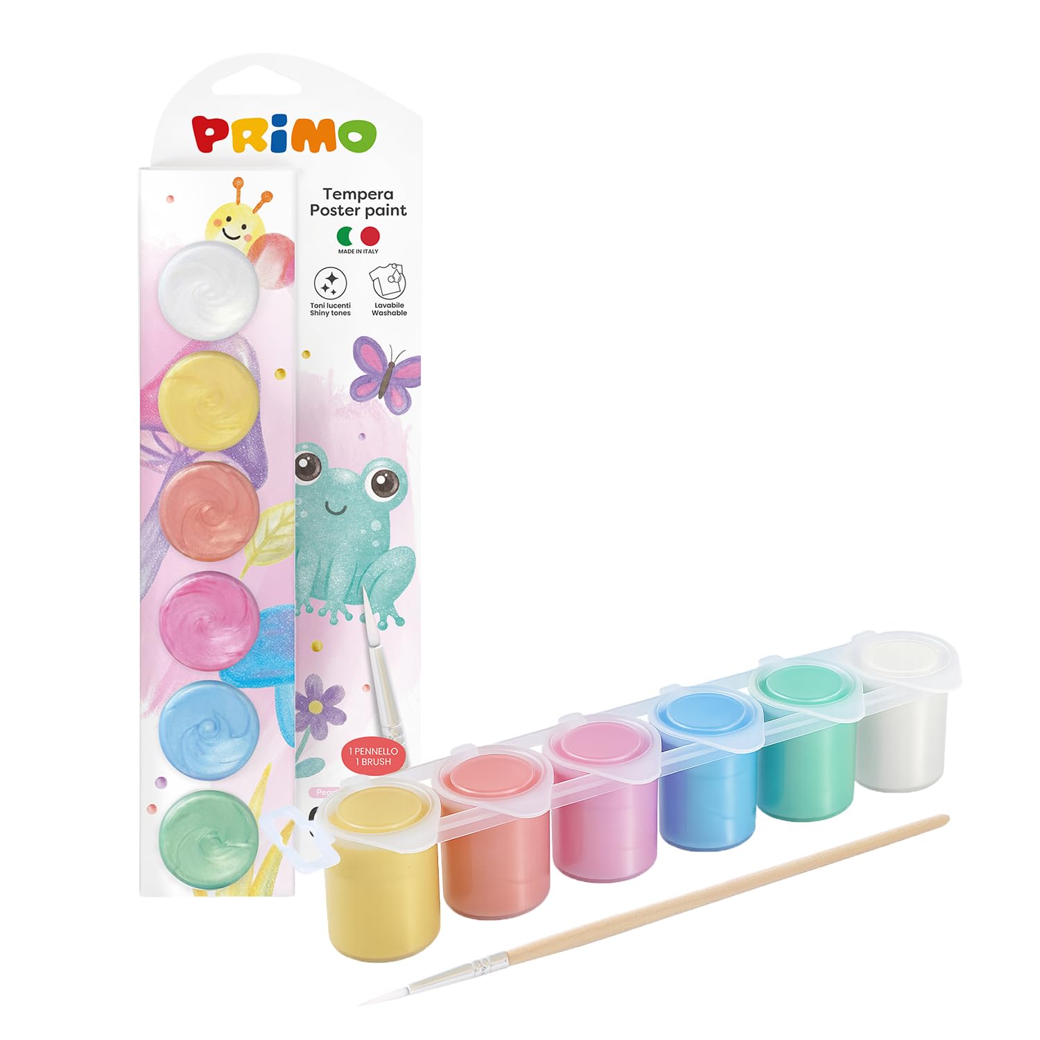 PRIMO - Tempere per Dipingere + 1 Pennello, Kit 6 Colori per Bambini 3+ Anni (25 ml) Cartoleria, Pittura, Lavoretti Creativi, Didattica - Tempera Coprente su Più Superfici, Colore Perlato Miscelabile