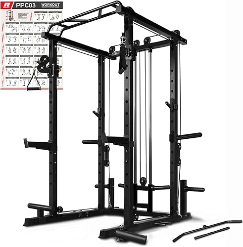 RitFit Jaula de potencia con sistema opcional de máquina LAT PullDownCable CrossoverSmith, estante para sentadillas de 1000 libras para el hogar y
