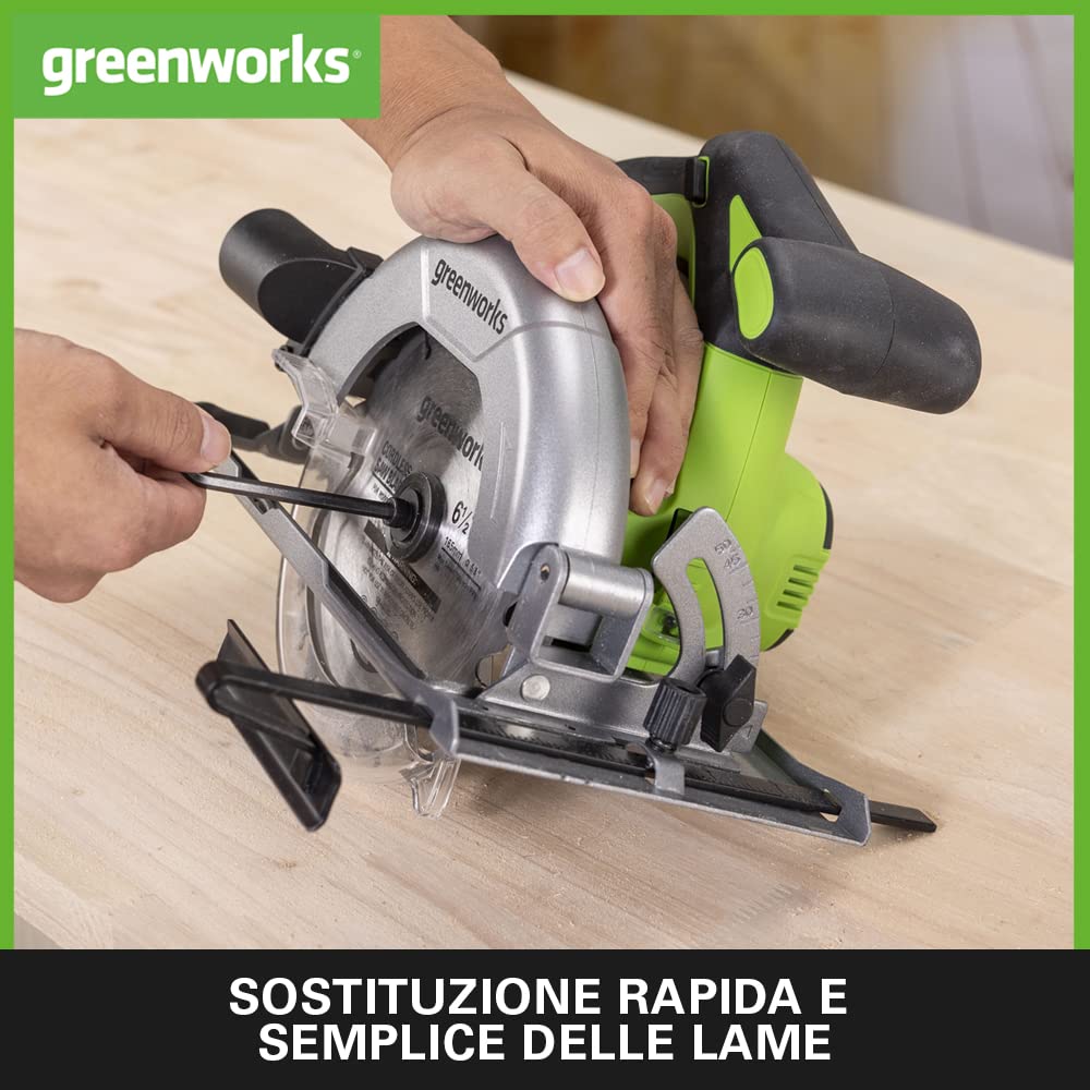Greenworks 24V GD24KSK2 Sega Circolare a Batteria, Motore Brushless 4800 giri/min, Lama Ø165 x Ø20 mm, Profondità di taglio: 67 mm, con Batteria 2Ah e Caricabatterie