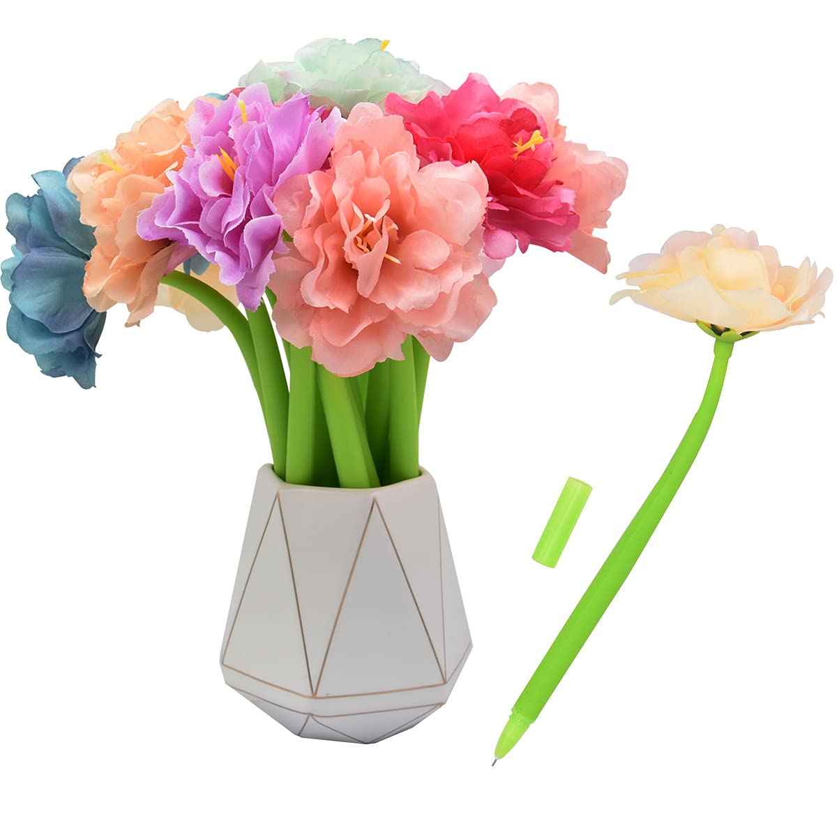 SIPLIV 12Pcs Creative Artificial Flowers Gel Ink Pen Ballpoint Pen Liquid Black 0.5mm Gel Ink Rollerball Pen for Girls Women, Office School Supplies -