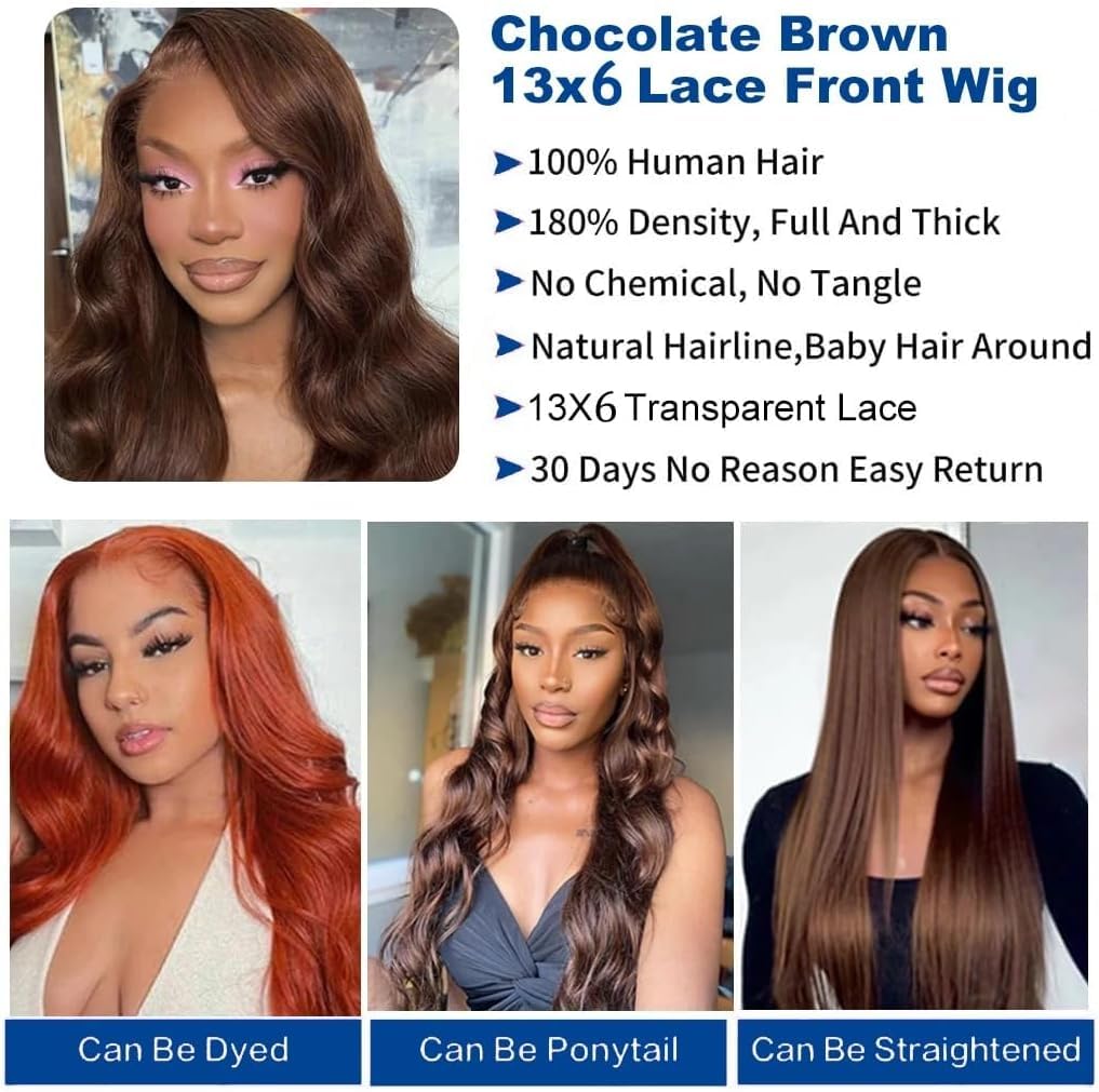 13x6 Chocolate Brown Lace Front Wig Human Hair HD Transparent Lace Frontal Wigs Body Wave Pre Plucked 150 Density (#4 Chocolate Brown Wig - Image 3