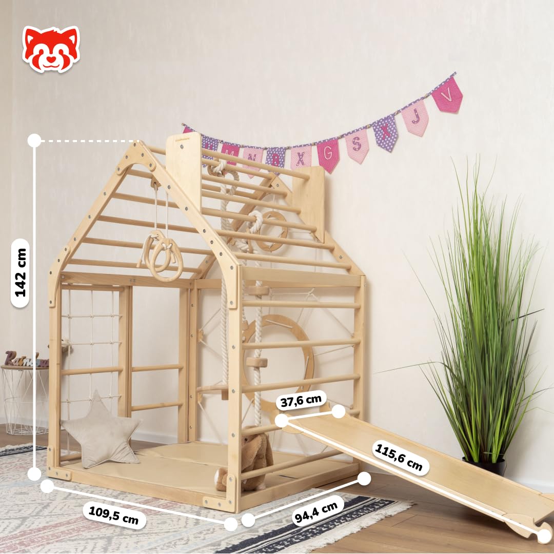 Woodandhearts Gimnasio Montessori de Madera para Bebés – Parque Infantil con Tobogán, Columpio, Rampa, Escalera y Rocódromo – Juego de Escalada y Centro de Actividades Montessori