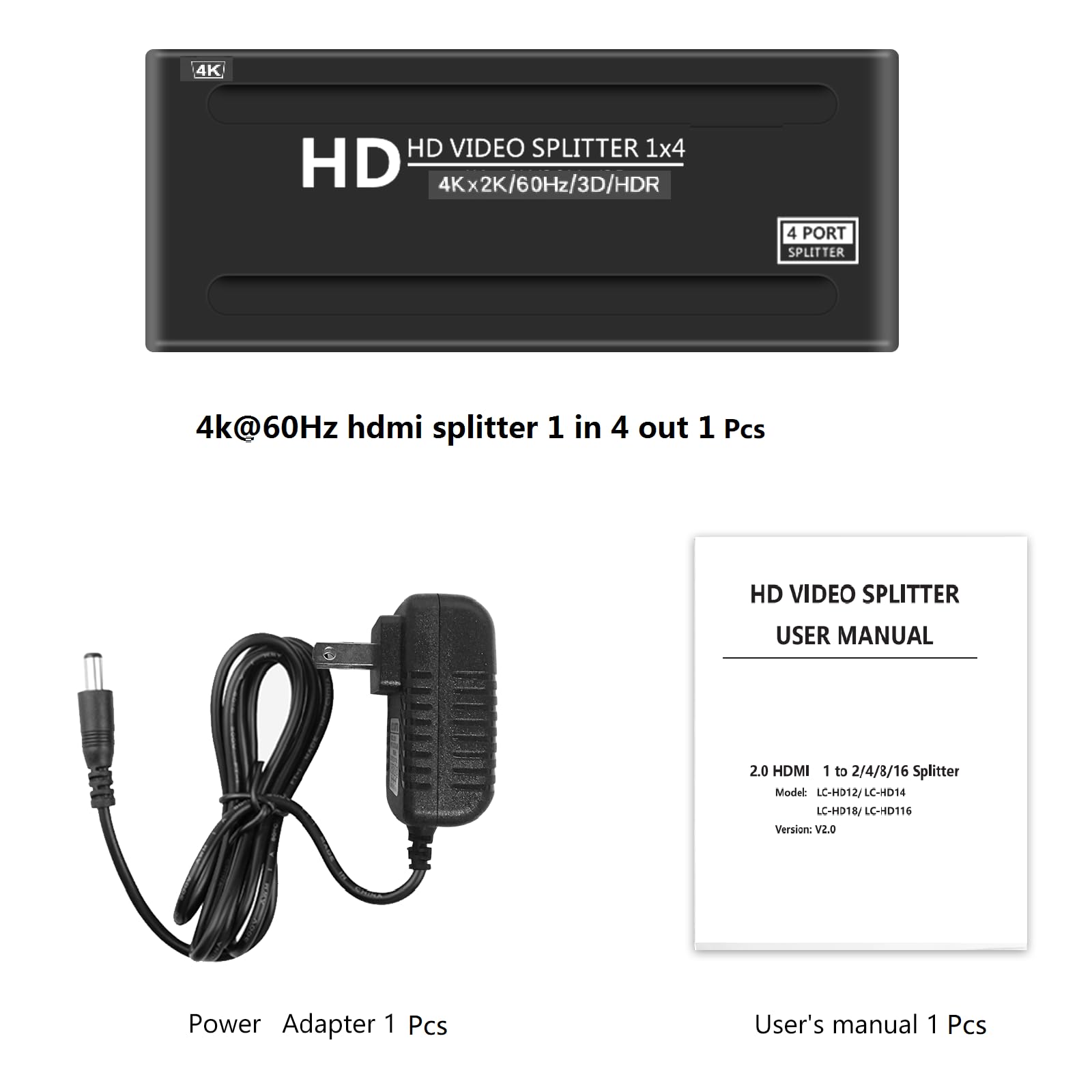 Splitter HDMI 4K a 60Hz 1x4 1 in 4 Out, 4:4:4, 18 Gbps, 4 porte alimentato HDMI 2.0 Splitter supporta scalizzatore automatico, sincronizzazione 4K 1080P, HDR10, 3D, solo schermate duplicazione
