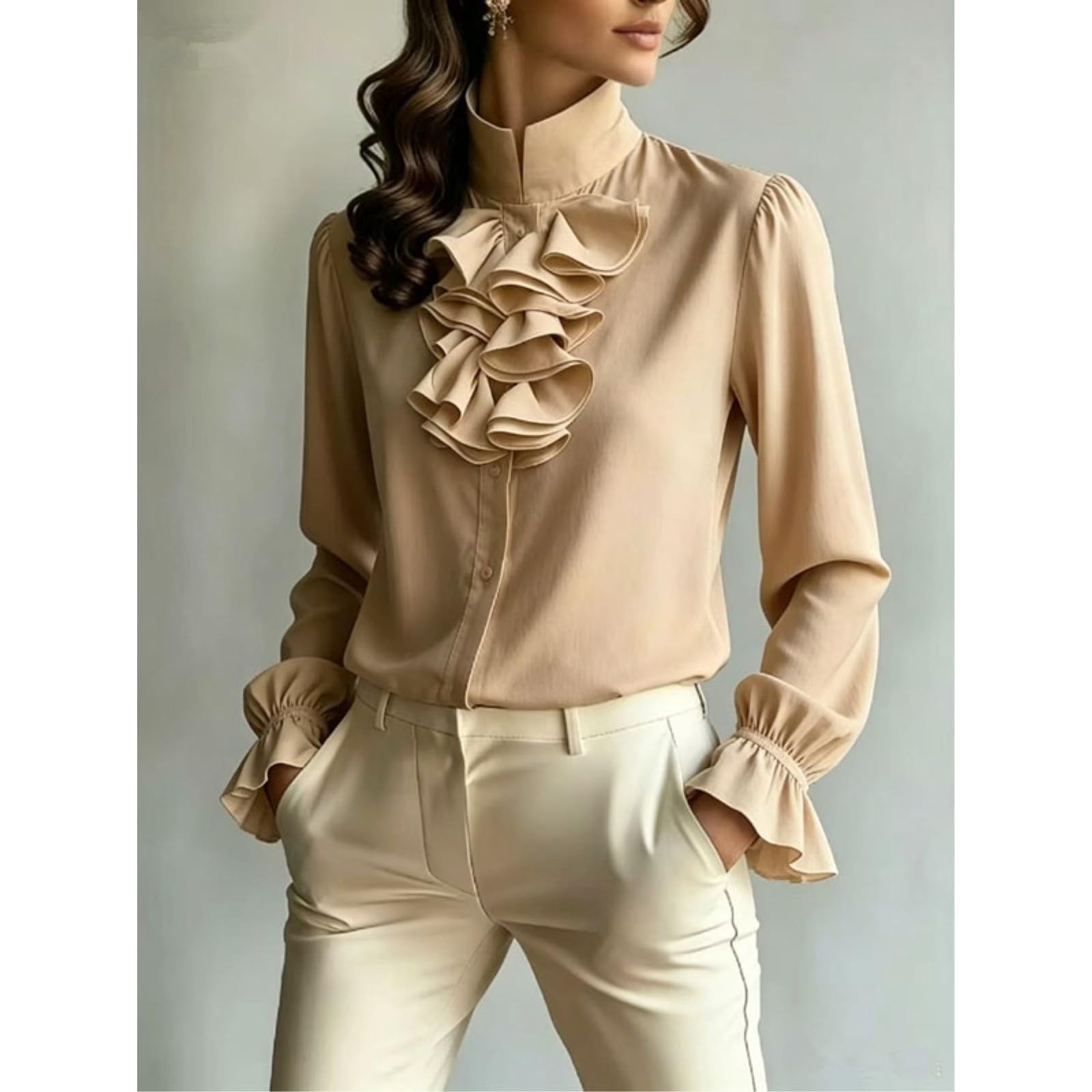 LKSCY Camicia da donna a tinta unita con volant sul davanti: colletto alla coreana con maniche a bolle e bottoni frontali a maniche lunghe da ufficio