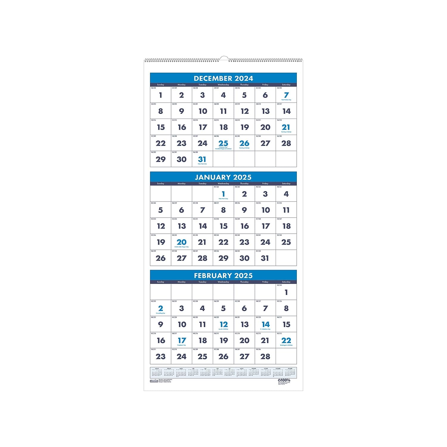2025 House of Doolittle 8-inch x 17-inch Three-Month Wall Calendar, White/Blue (3646-25)