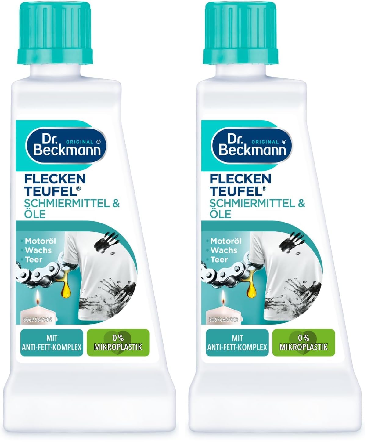 Dr. Beckmann Flüssig Fleckenteufel Schmiermittel & Öle | Spezialfleckentferner gegen Ölflecken, Teer und Kerzenwachs| 50 ml, Frisch (Packung mit 2)
