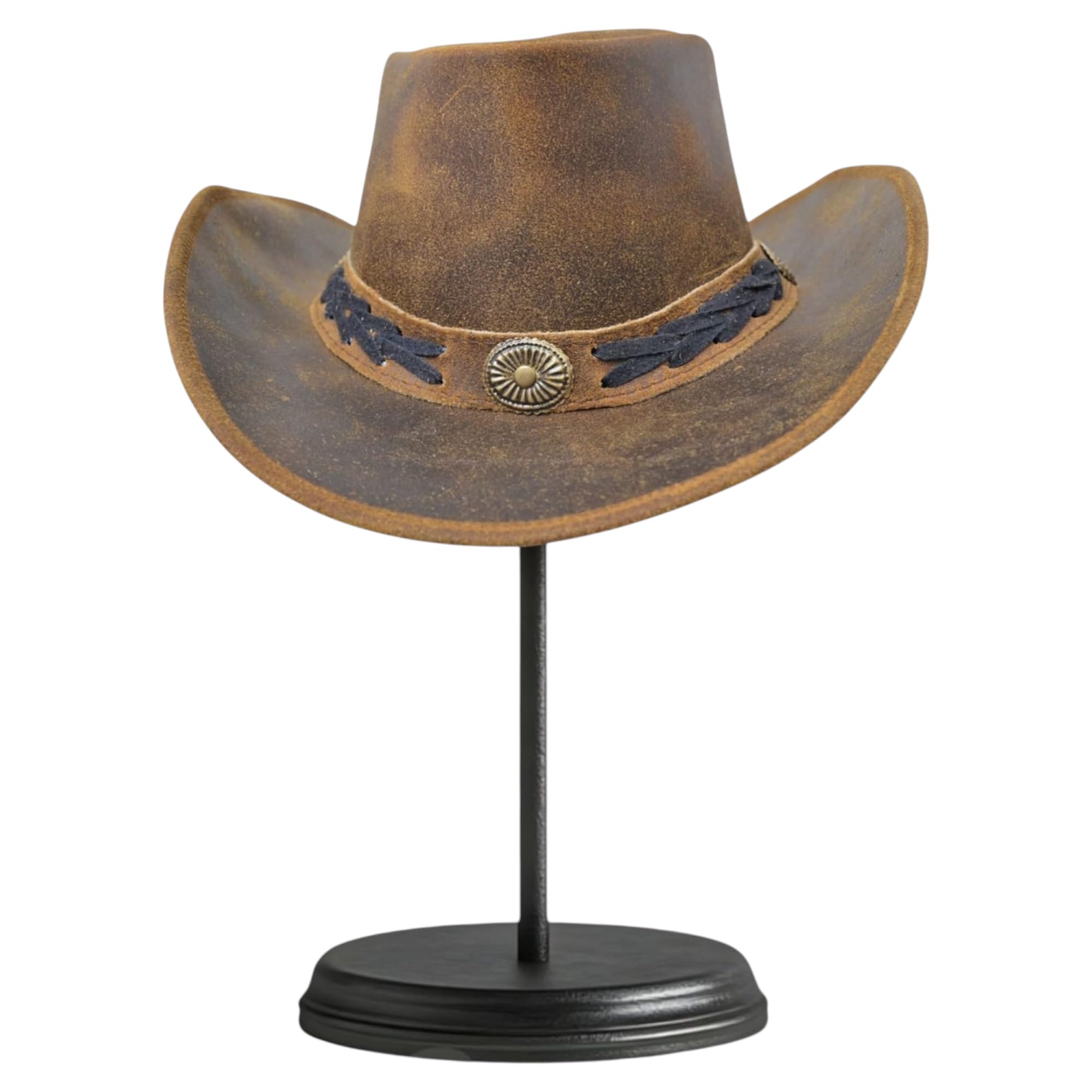 Cappello da cowboy in pelle marrone per uomo e donna - Cappello stile Western Outback con look vintage, tesa curva e fascia decorativa - Unisex adulto taglie S/M/L/XL