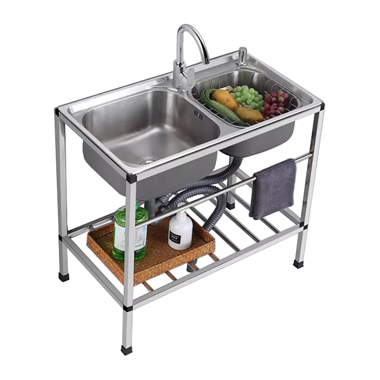 LMYSXAOZ Large Kitchen Sink, Commercial Sink w/Hot Cold Faucet, Stainless Steel Double Bowl for Laundry Garage Indoor Outdoor, Restaurant Catering Industrial