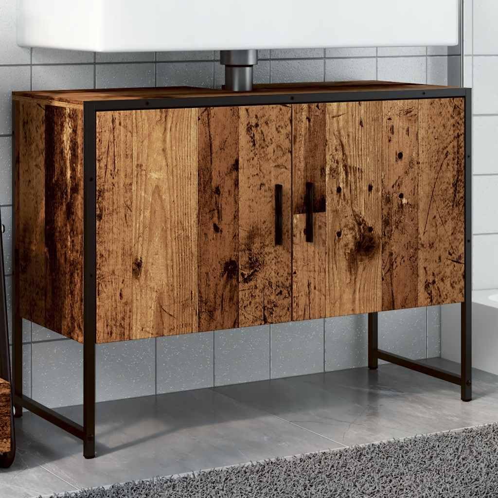 Szafka pod umywalkę, wygląd starego drewna, 80 x 33 x 60 cm, materiał drewnopochodny z otworem na syfon, stal malowana proszkowo, miejsce do przechowywania szafki na umywalkę w łazience
