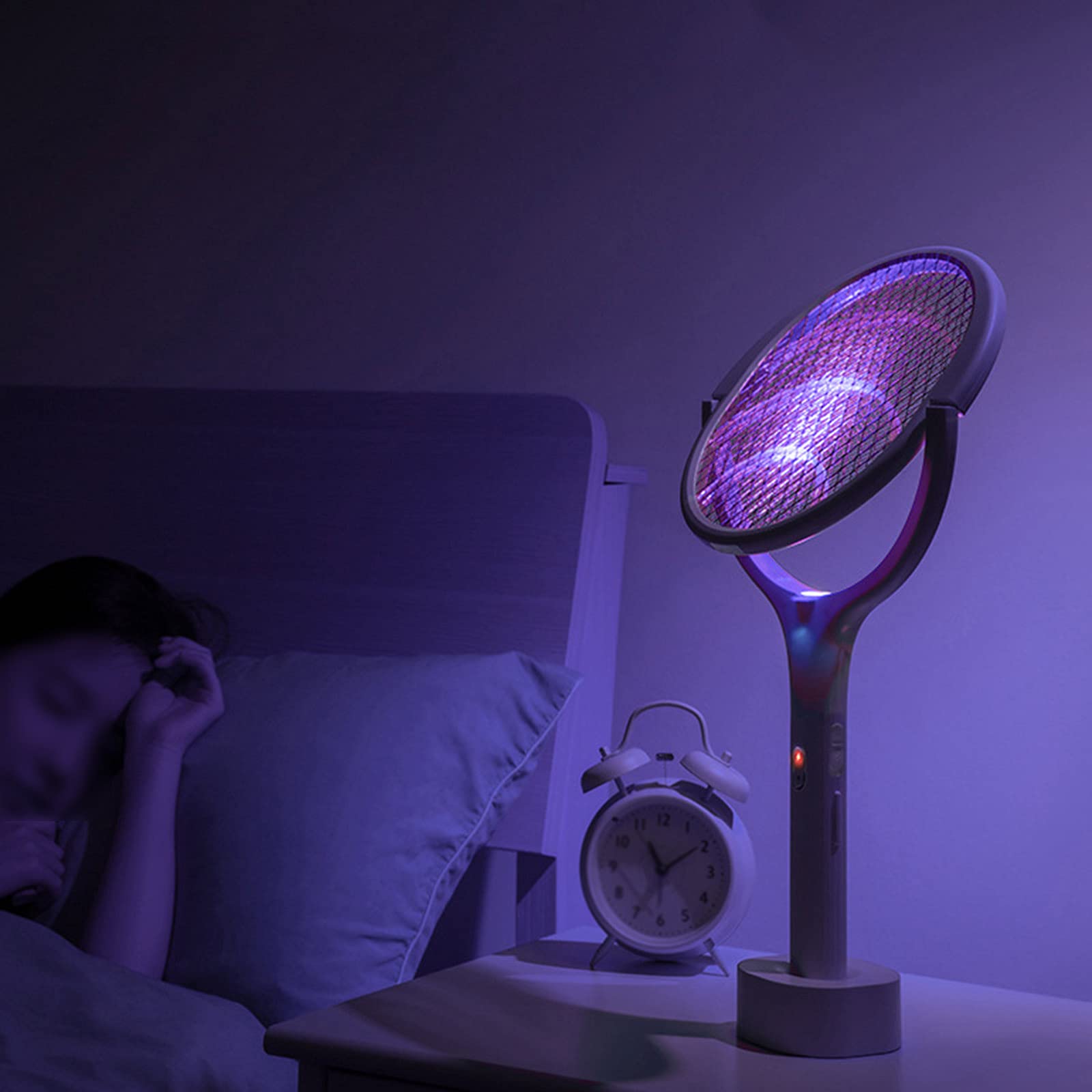 Scacciazanzare Elettrico, Lampada antizanzare ad Angolo Regolabile 3000V con Ricarica USB, Cattura Mosche con Base, Racchetta per zanzare Insetti a Luce Ultravioletta (Bianca)
