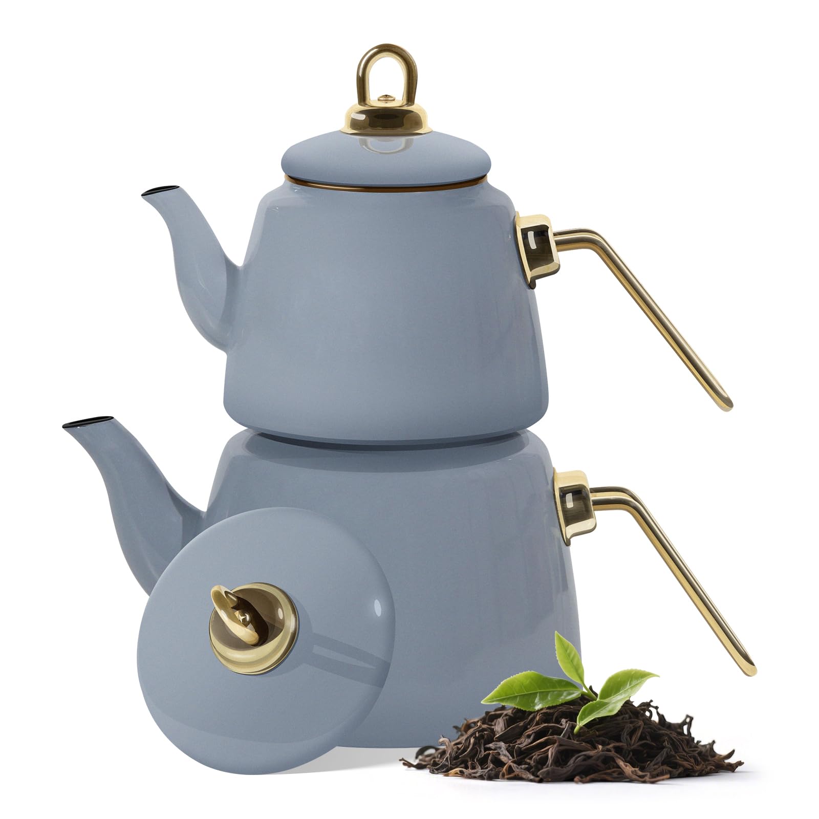 Homelux Teekanne Set, Wasserkessel Induktion Teekocher aus Emaille, Induktionsgeeignet, 2L+1L, Türkische teekanne, Caydanlik,Hellblau