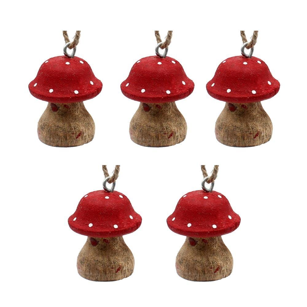 Dekohelden24 Wooden Mushroom Pendant/Decorative Hanger/Tree Decoration Set of 5 / Dimensions of each Hanger L x W x H: approx. 5 x 4 x 5 cm, 5 cm