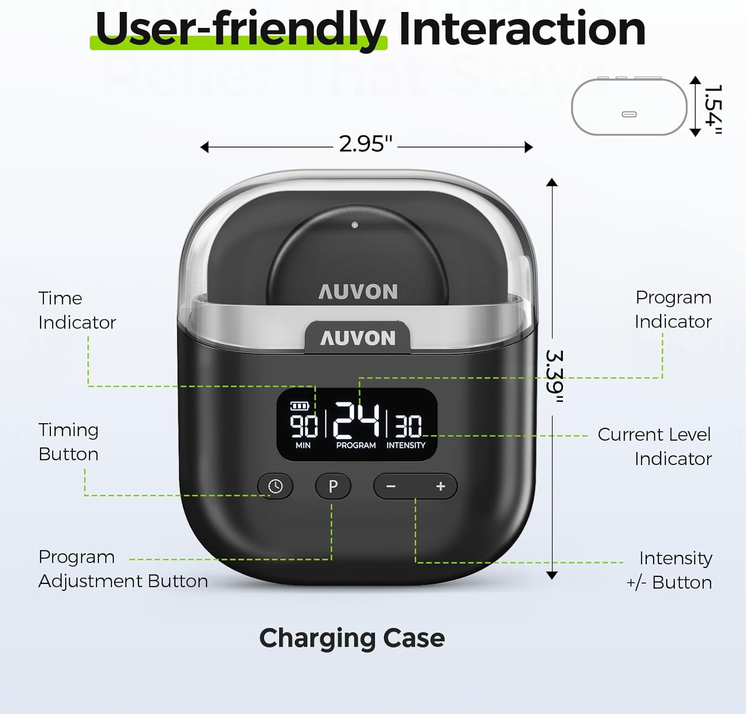 AUVON TENS Machine Charging Case with labeled controls