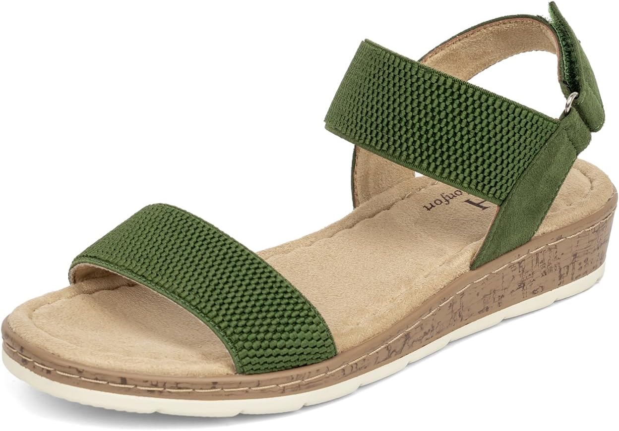 VJH confort Women’s Flat Sandals Open Toe Elastic Ankle Strap Slip on Comfy Low Wedge Sandals