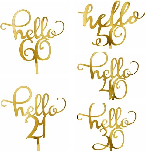 5 adornos acrílicos dorados para tartas con texto en inglés «Hello 21, 30, 40, 50, 60», decoración de fiesta de cumpleaños para suministros de