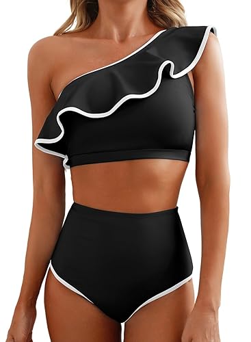 Herseas Women's One Shoulder Bikini Sets Color Block Trim Ruffle