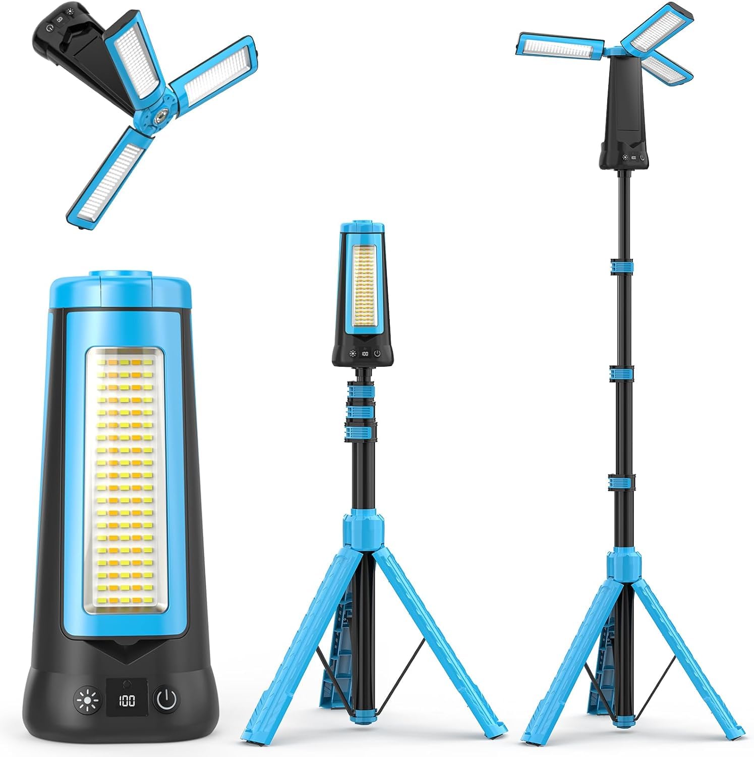 12000 mAh Foco LED Recargable con Trípode, 5000 LM Foco LED Exterior Batería, Luz Recargable Portátil Regulable & 5 Modos, Lámpara de Trabajo Ajustable para Construcción Taller Camping (Azul)