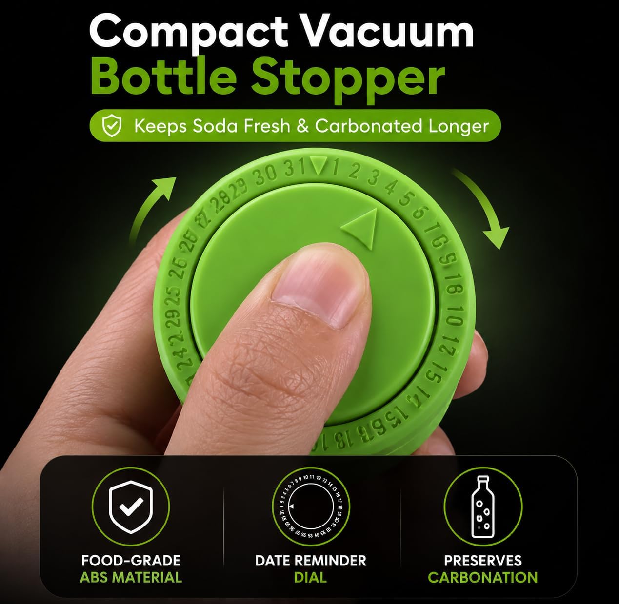 GOCHA Gadgets Soda Bottle Stoppers, 2 Pack, Reusable Pump Caps, Green