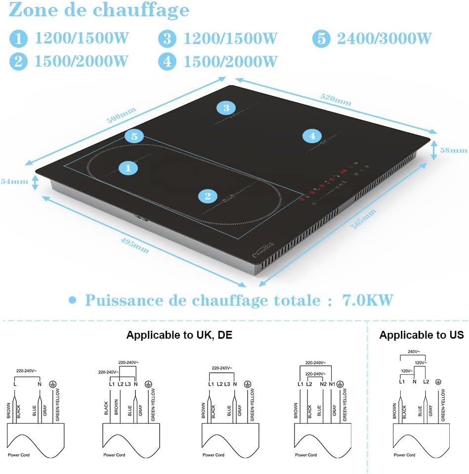 COVERCOOK Piano cottura a induzione, piano cottura elettrico 60 cm, piastra a induzione 4 fuochi,7000 W con zona ponte, controllo touch, blocco di sicurezza per bambini, 220-240 V COVERCOOK Piano cottura a induzione, piano cottura elettrico 60 cm, piastra a induzione 4 fuochi,7000 W con zona ponte, controllo touch, blocco di sicurezza per bambini, 220-240 V