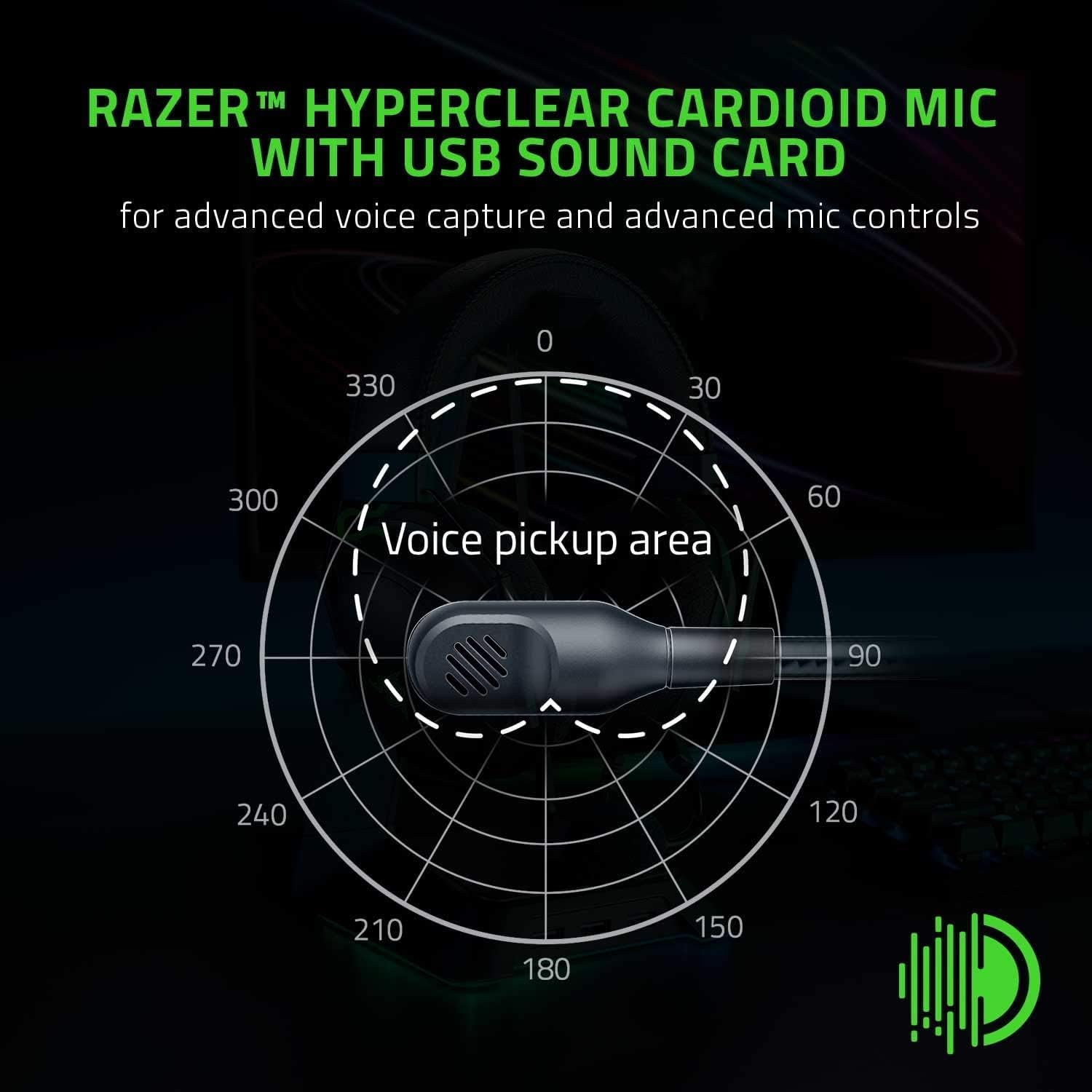 Diagram showing the voice pickup area of the Razer HyperClear Cardioid Mic, indicating a focused pickup pattern.
